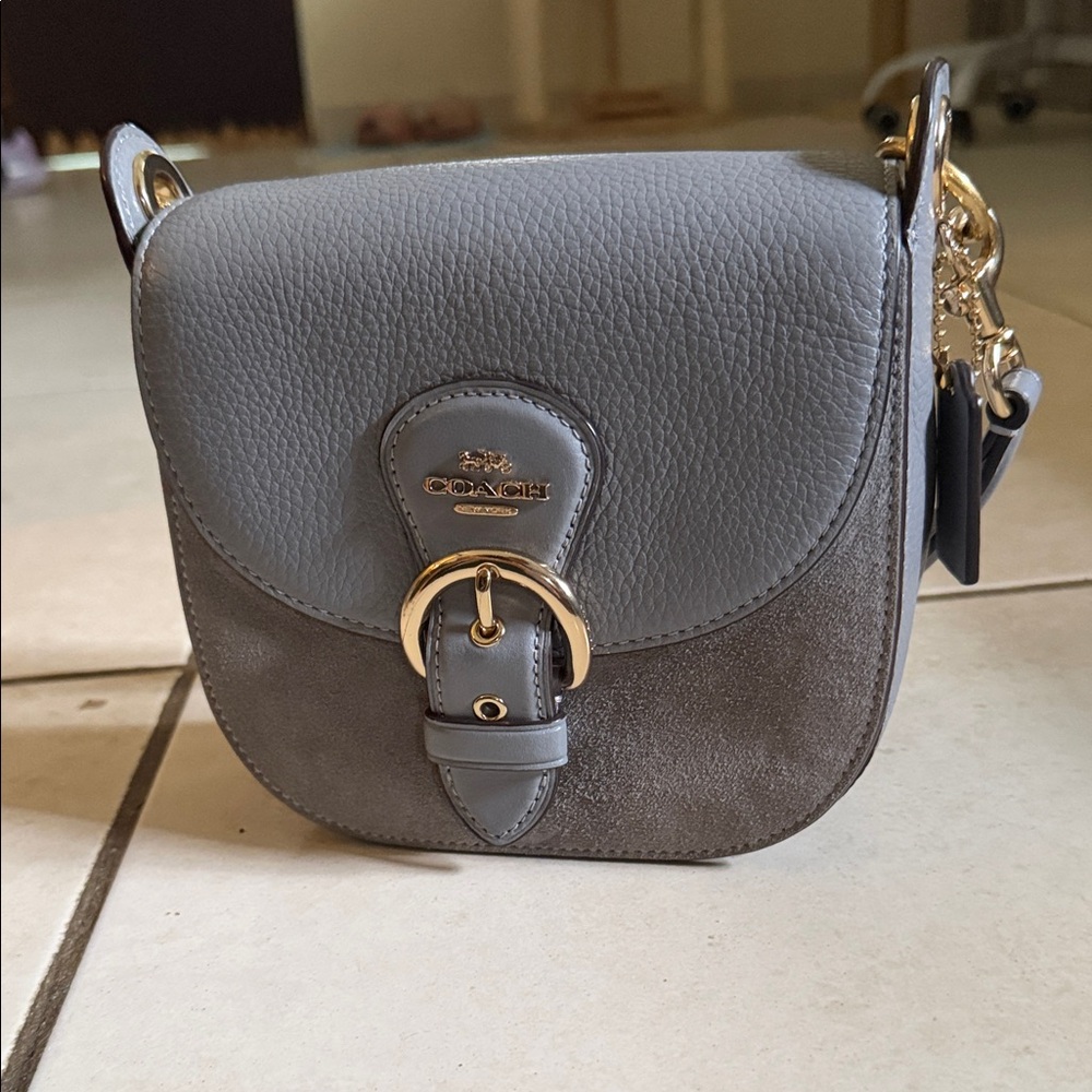 COACH Gray Leather & Suede Buckle Crossbody Bag